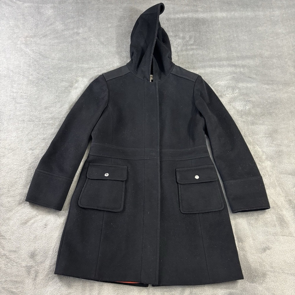 Michael Michael Kors Coat Womens 12 100% Wool Solid Black Hooded Trench Outdoor